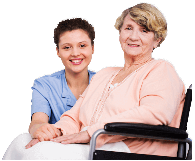 nurse smiling together with elderly woman sitting on wheelchair